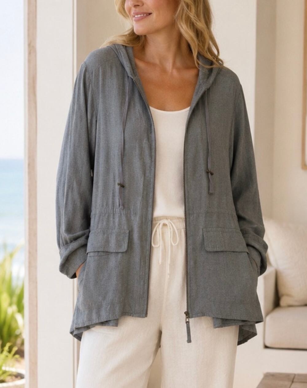 Sunday Gray Hooded Lightweight Jacket Rayon Utility Coastal lounge minimalist XL